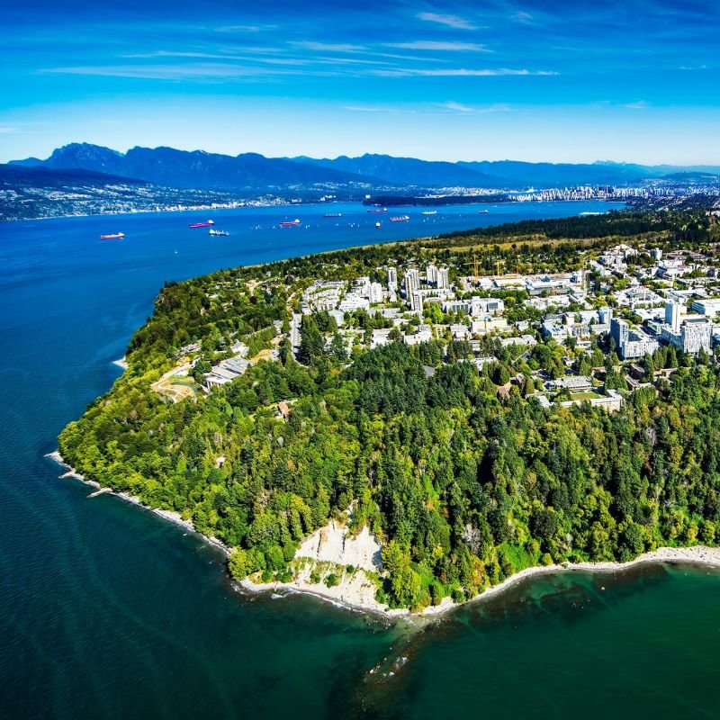 Aerial view of the University of British Columbia and the Point Grey neighborhood.