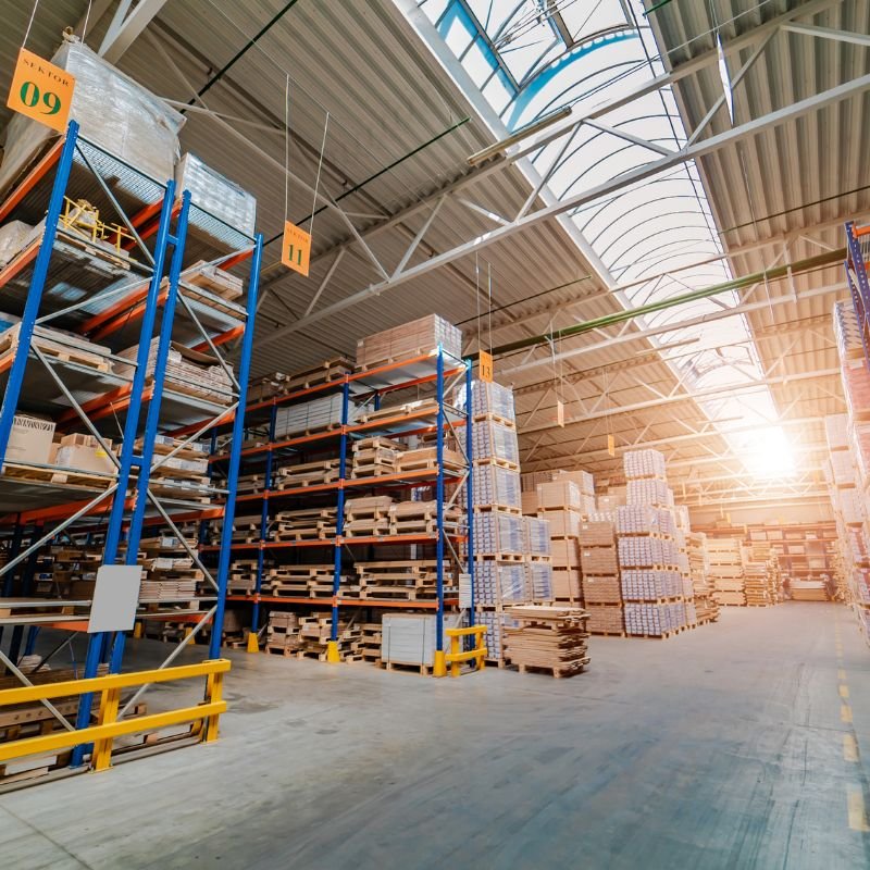 A large warehouse space with blue shelves and wooden pallets.